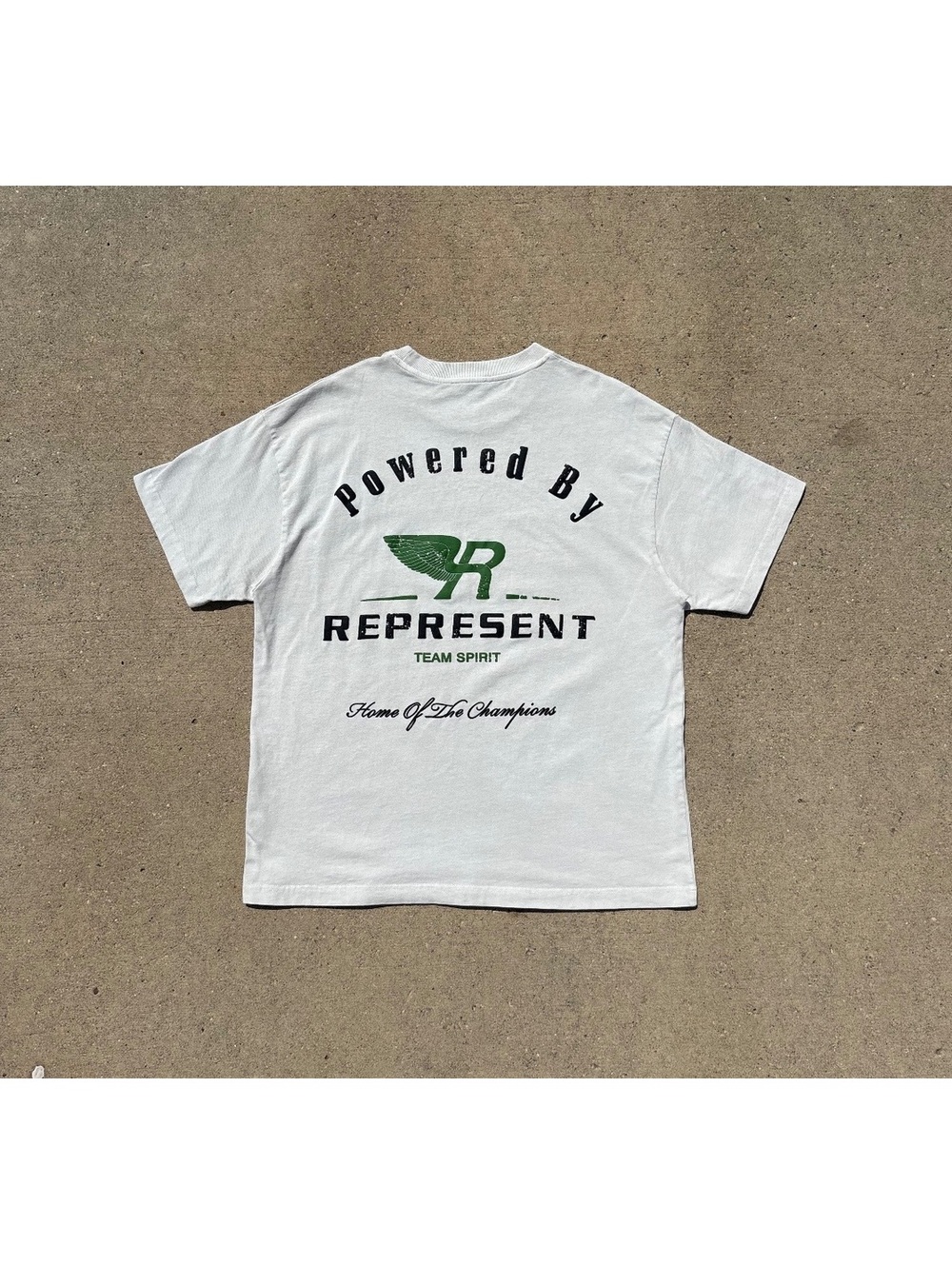 Represent Crop Cream Graphic Shirt with Green Logo and Text
